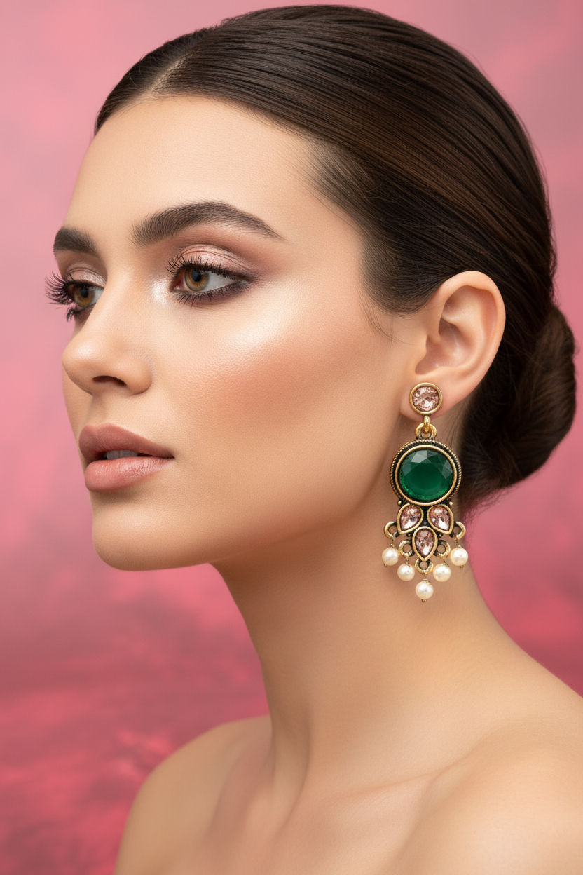 Green Antique Gold-Tone Pearl Drop Earrings with Floral Motif and White Bead Danglers – Traditional Indian Fashion Jewellery