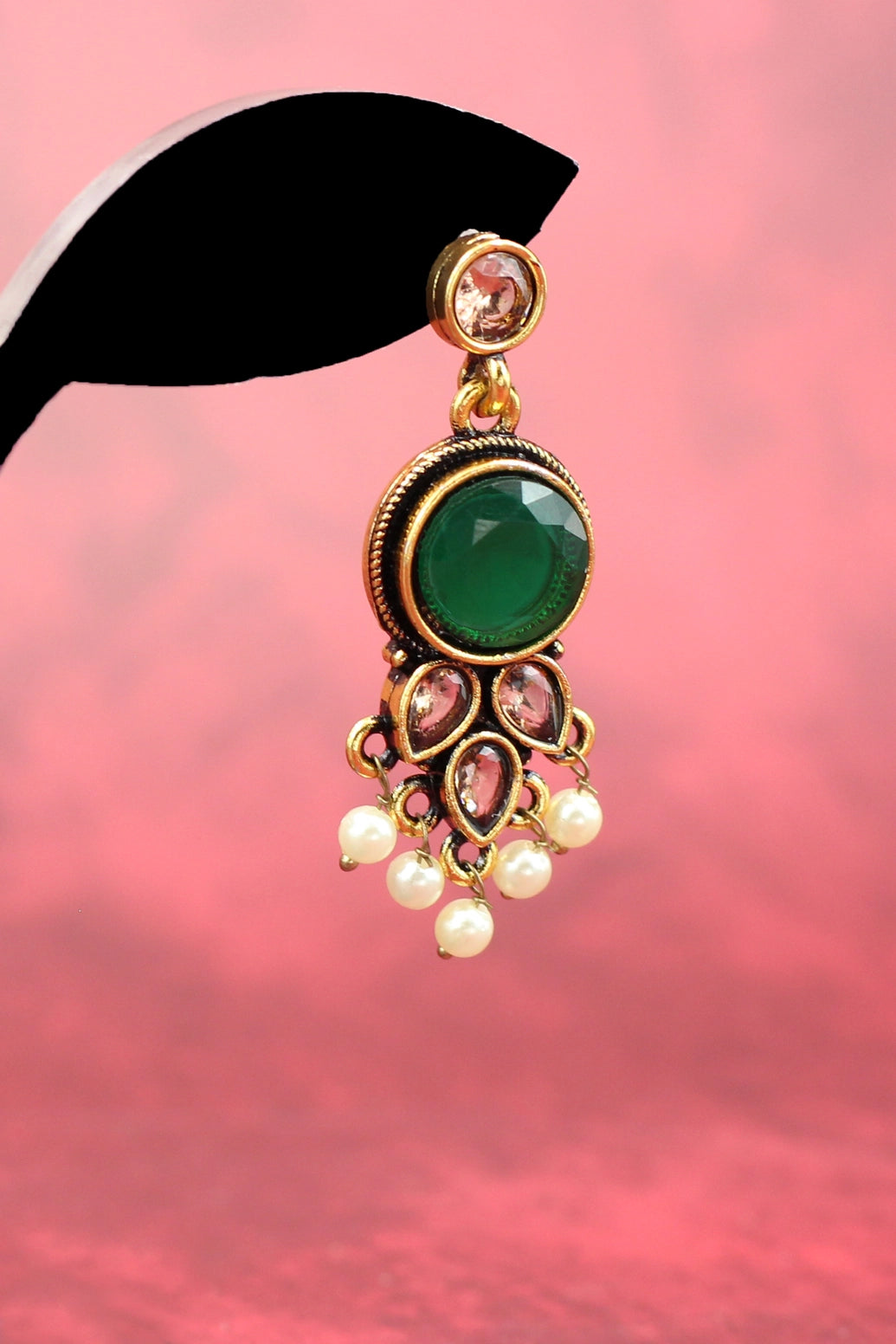 Green Antique Gold-Tone Pearl Drop Earrings with Floral Motif and White Bead Danglers – Traditional Indian Fashion Jewellery Jewelry JCS Fashions