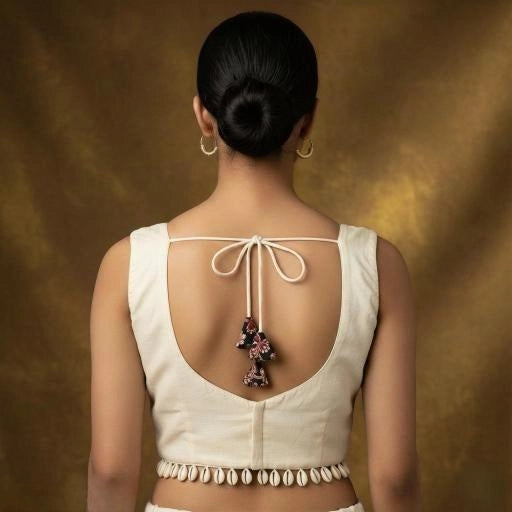 Designer Navratri Readymade Sleeveless Blouse with Kalamkari Floral Print & Cowrie Shell Border