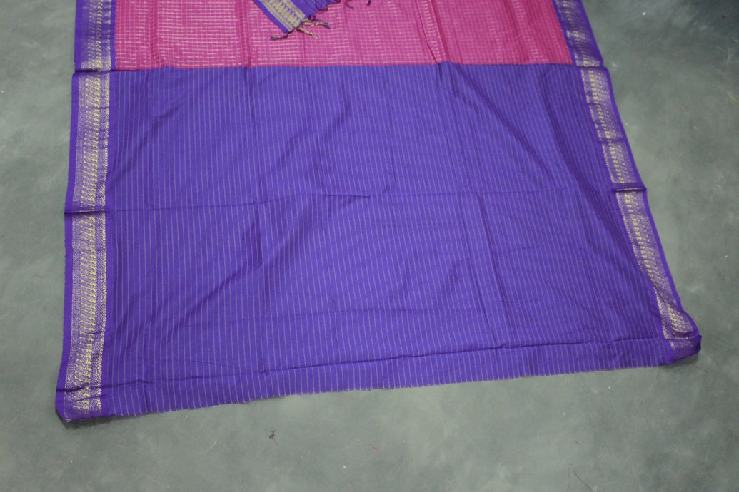 Dark Pink Kalyani Cotton Saree with Zari Checked and Peacock Border and Blouse