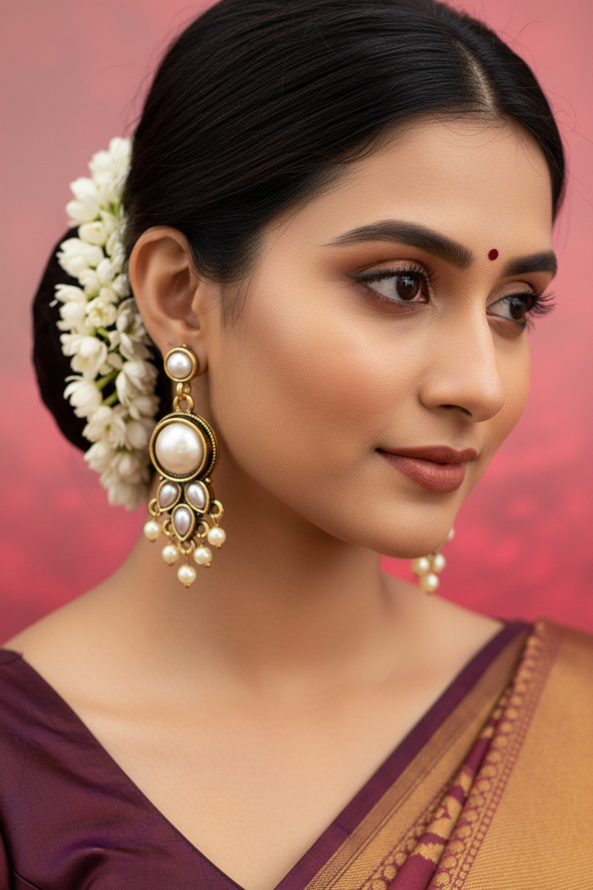 Antique Gold-Tone Pearl Drop Earrings with White Beads