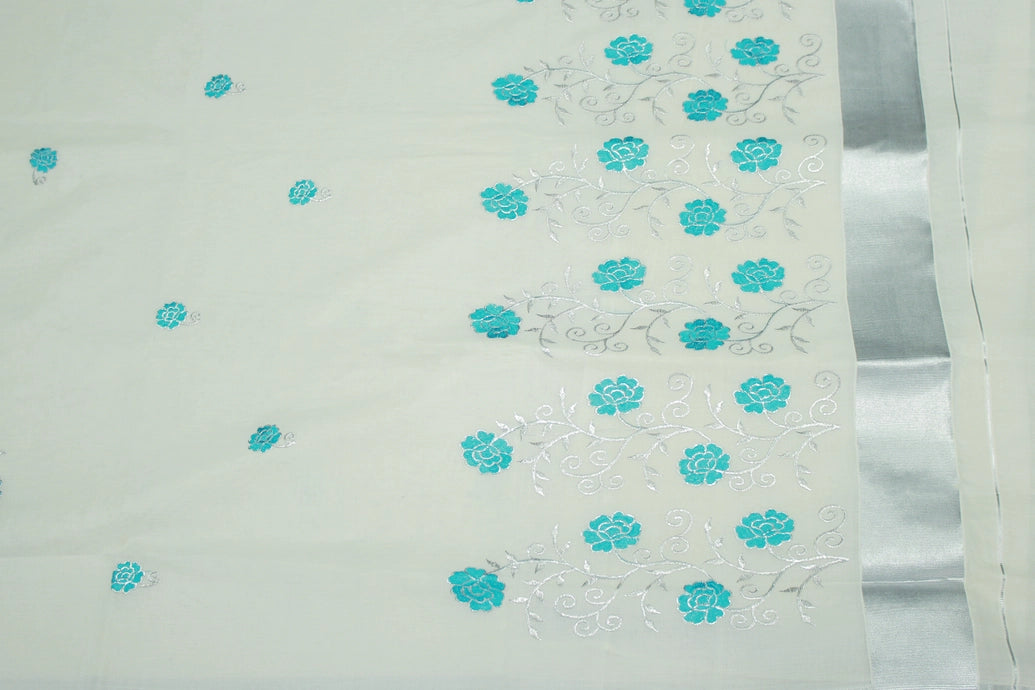 Half White Kerala Cotton Saree with Silver Zari Floral Embroidery and Thread Work