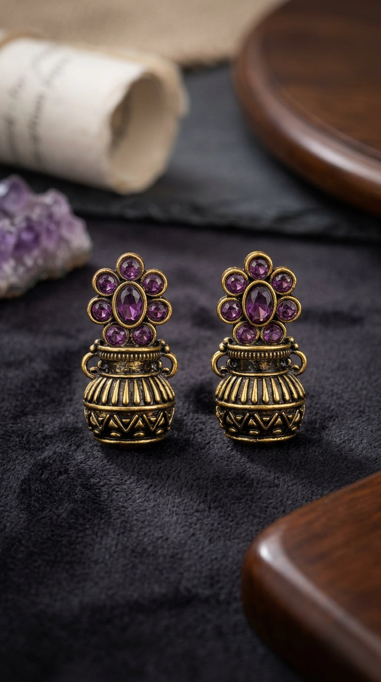 Purple Floral Jhumka Earrings in Antique Gold Finish with Crystal Stud Pattern for Traditional Festive Wear