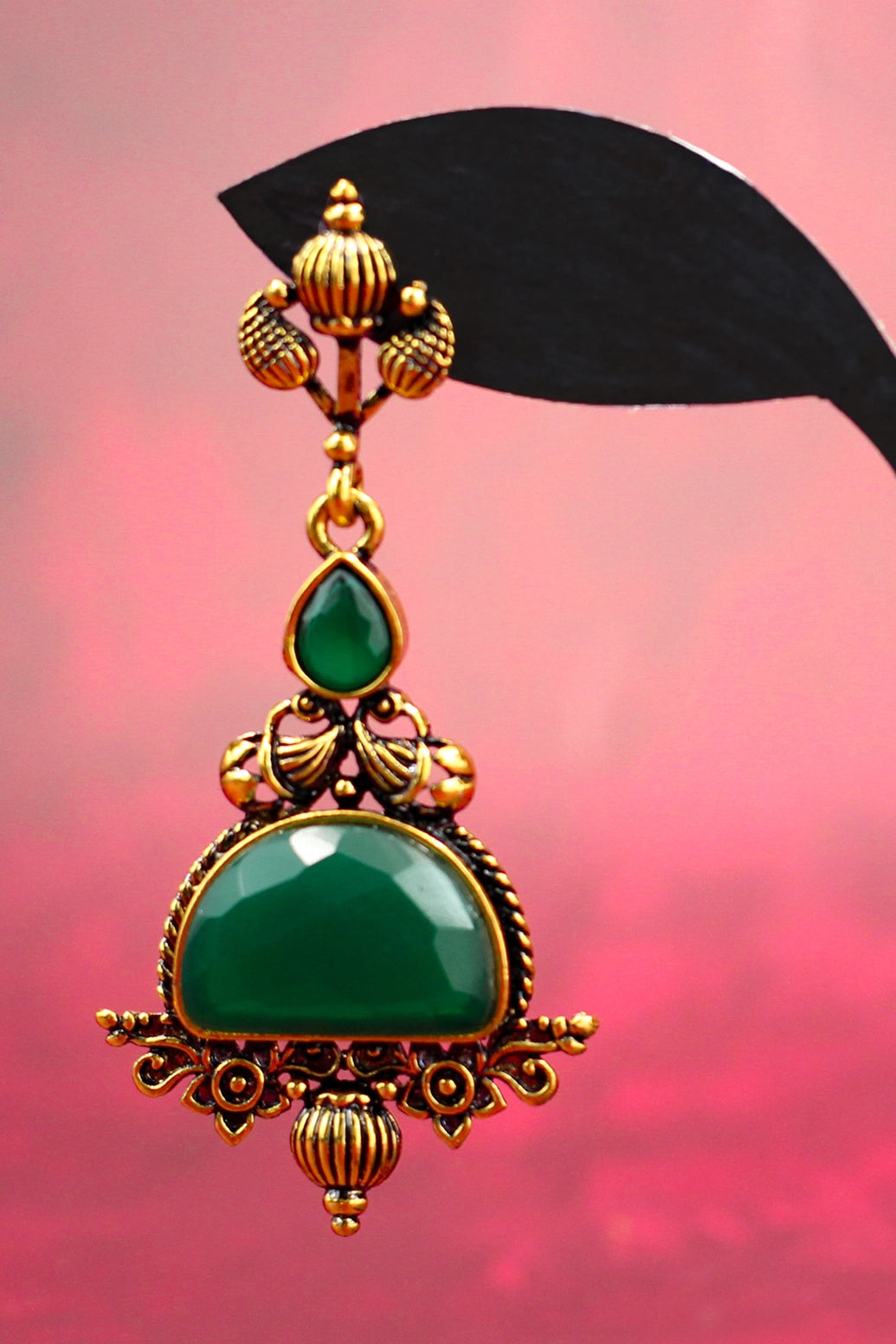 Green Half-Moon Stone Jhumka Earrings - Antique Gold-Tone Traditional Danglers, 2.6 inch Fashion Jewellery Jewelry JCS Fashions