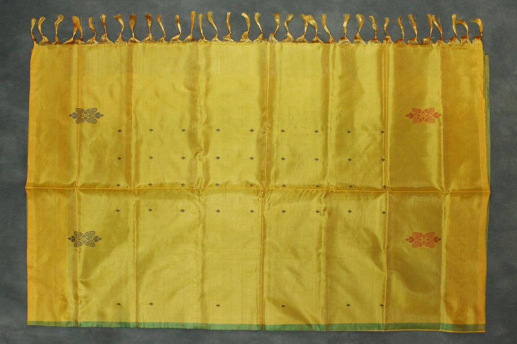 Saffron Yellow Vaazhai Naar (Banana Pith) Saree with Green Pallu and Small Butta - Borderless Traditional Saree