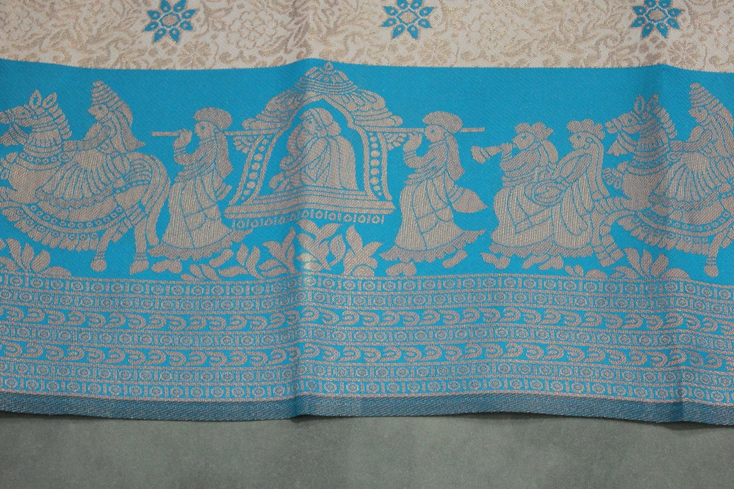 Pinkish Beige Kubera Pattu Saree with Pallakku Border and Blouse, Semi Silk Traditional Wedding Wear