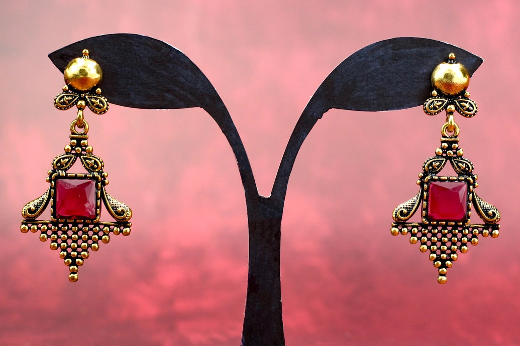Maroon Stone Antique Gold-Tone Dangling Earrings - Ornate Square Centre, Traditional Jhumki Style, 2.4 inch Jewelry JCS Fashions