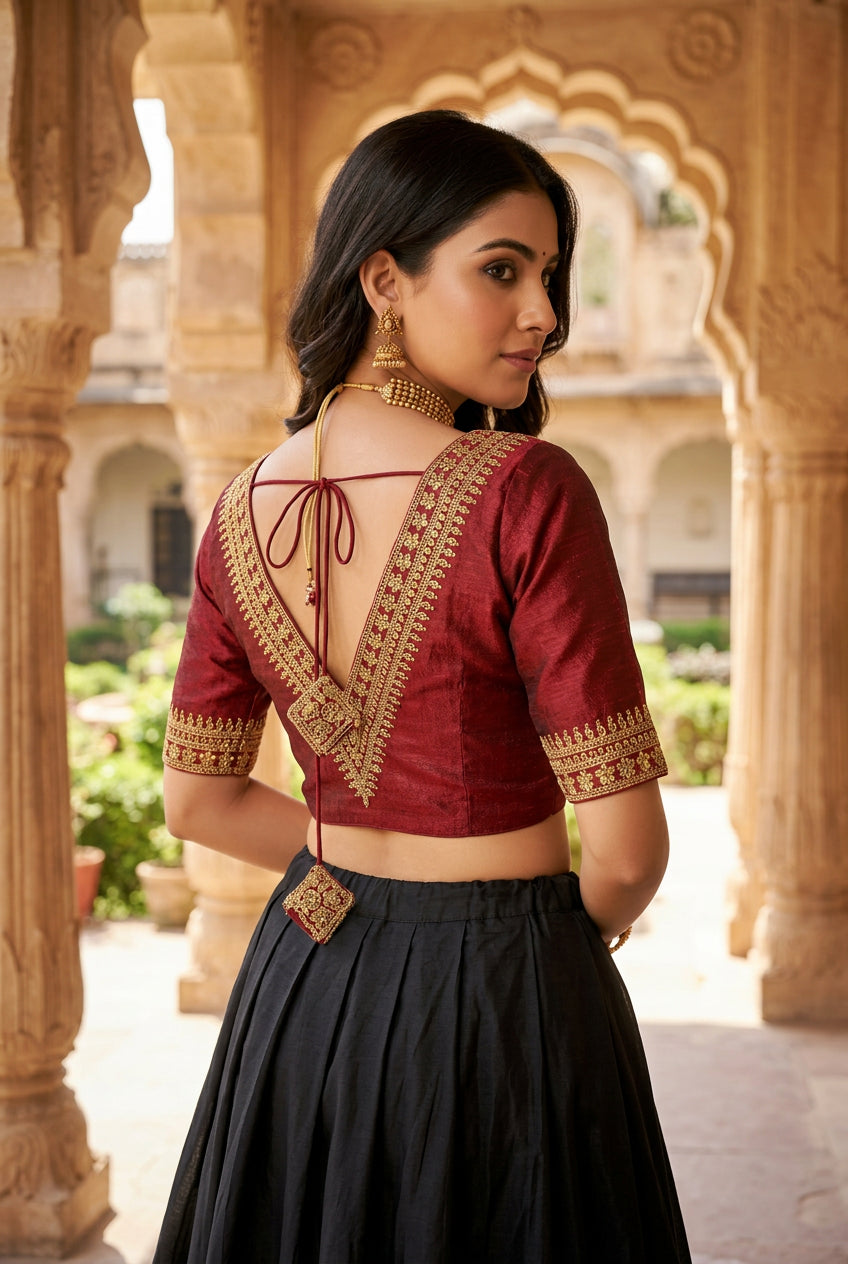 Maroon Readymade Padded Designer Blouse with V-Neck Gold Zari & Sequin Work, Elbow Sleeves, Back Knot