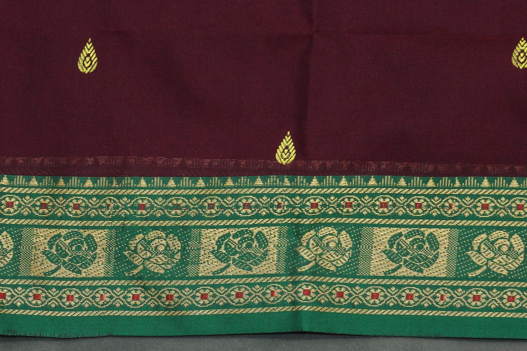 Dark Purple Poly Cotton Butta Saree with Green Thread Border Saree JCS Fashions