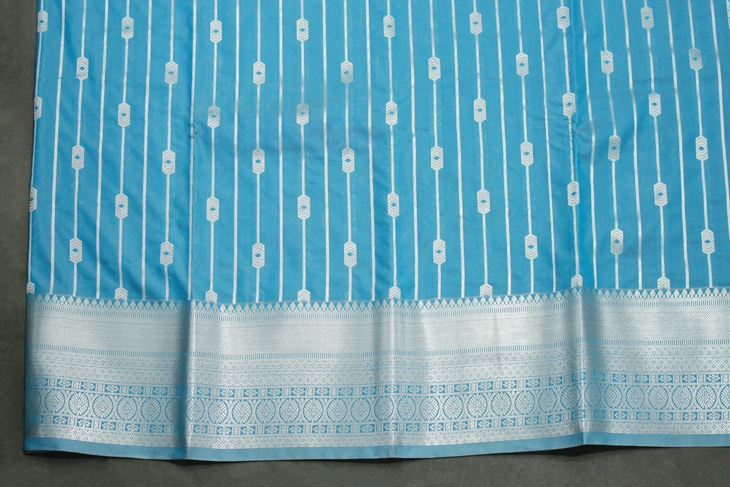 Blue Soft Silk Bridal Vaira Oosi Saree with Silver Zari Border and Blouse
