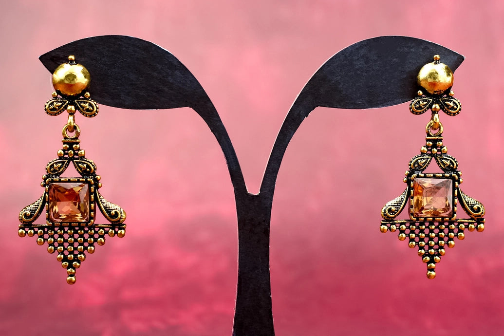 Antique Gold-Tone Dangling Earrings with Square Amber Stone - 2.4 inch Ethnic Jhumka Style Jewelry JCS Fashions