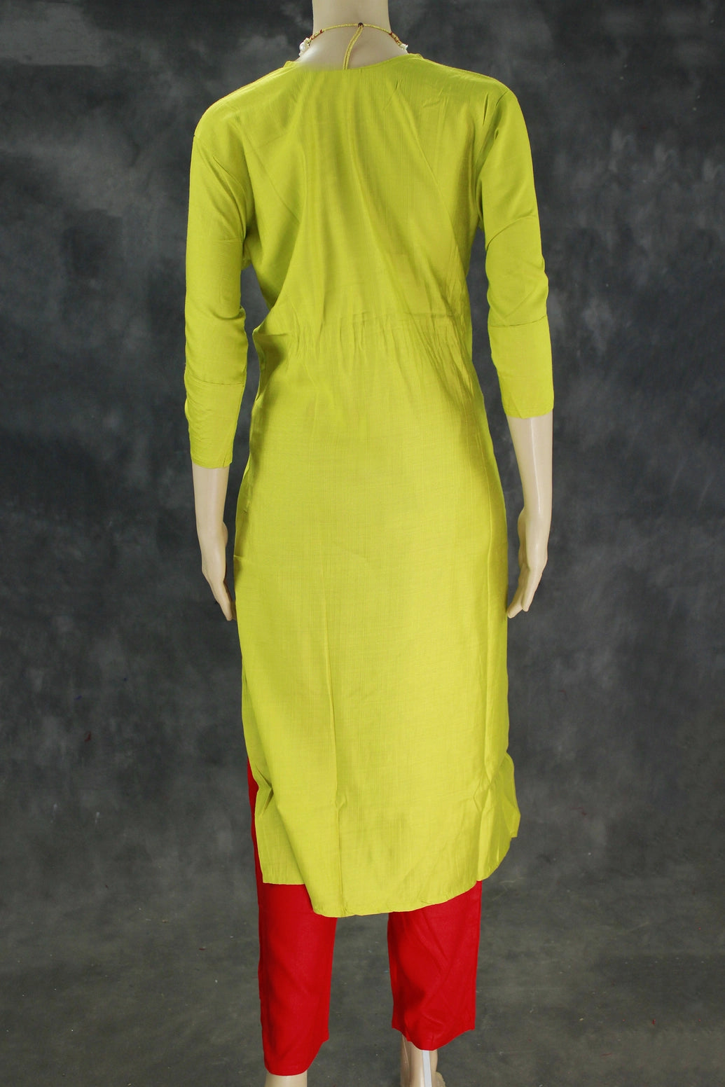 Lime Green Cotton Kurta Pant Set - Straight Cut Kurti with Three-Quarter Sleeves and Red Elastic Waist Pants - 2-Piece