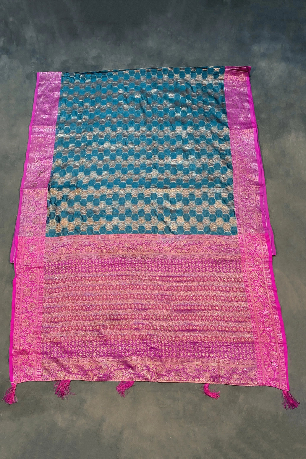 Madhumita Fancy Teal Cotton Organza Saree with Floral Pallu and Stone Work Designer Blouse