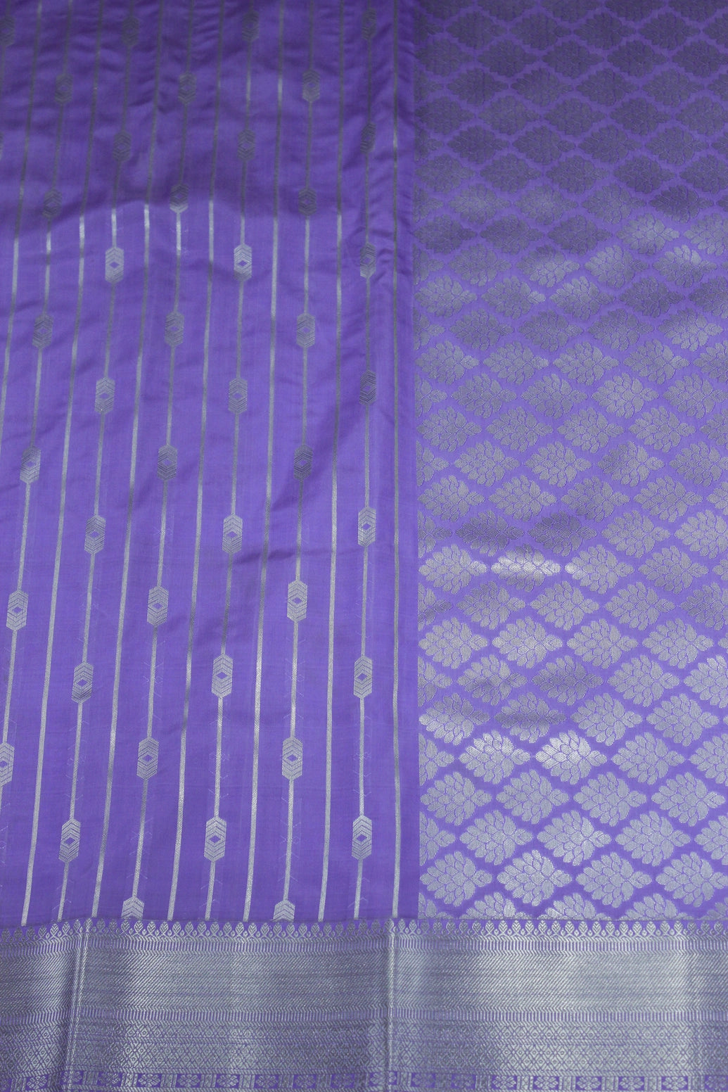 Lavender Bridal Vaira Oosi Soft Silk Saree with Silver Zari Border and Blouse
