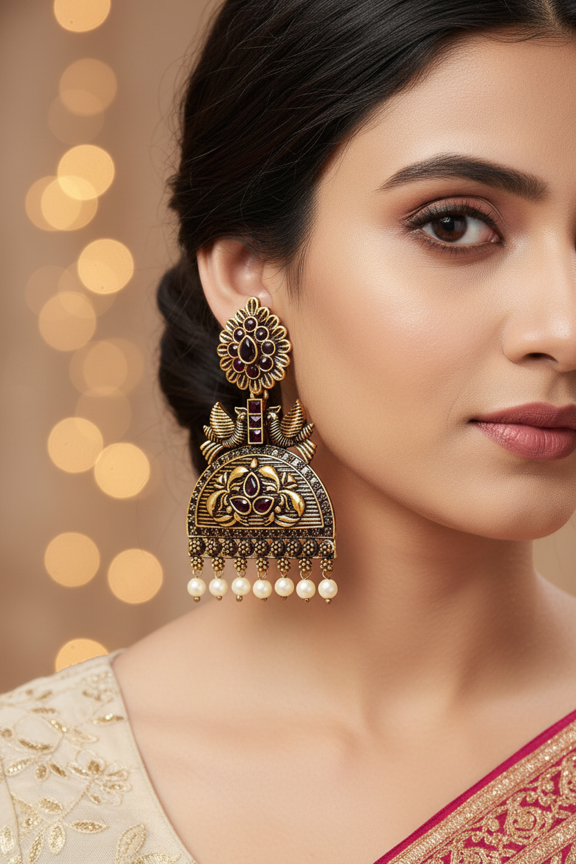 3-inch Antique Gold-Tone Black Stone Jhumka Earrings with Pearl Drops - Traditional Indian Fashion Jewellery