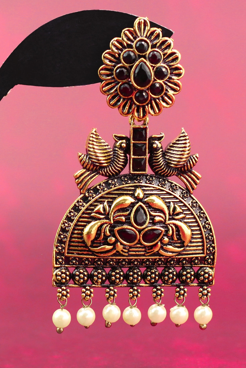 3-inch Antique Gold-Tone Black Stone Jhumka Earrings with Pearl Drops - Traditional Indian Fashion Jewellery Jewelry JCS Fashions