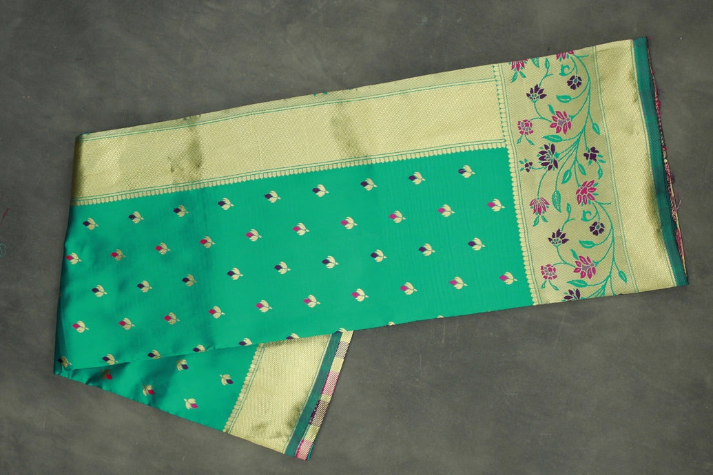 Green Paithani Silk Saree with Floral Pallu Design and Border, Small Butti All-Over, Comes with Blouse