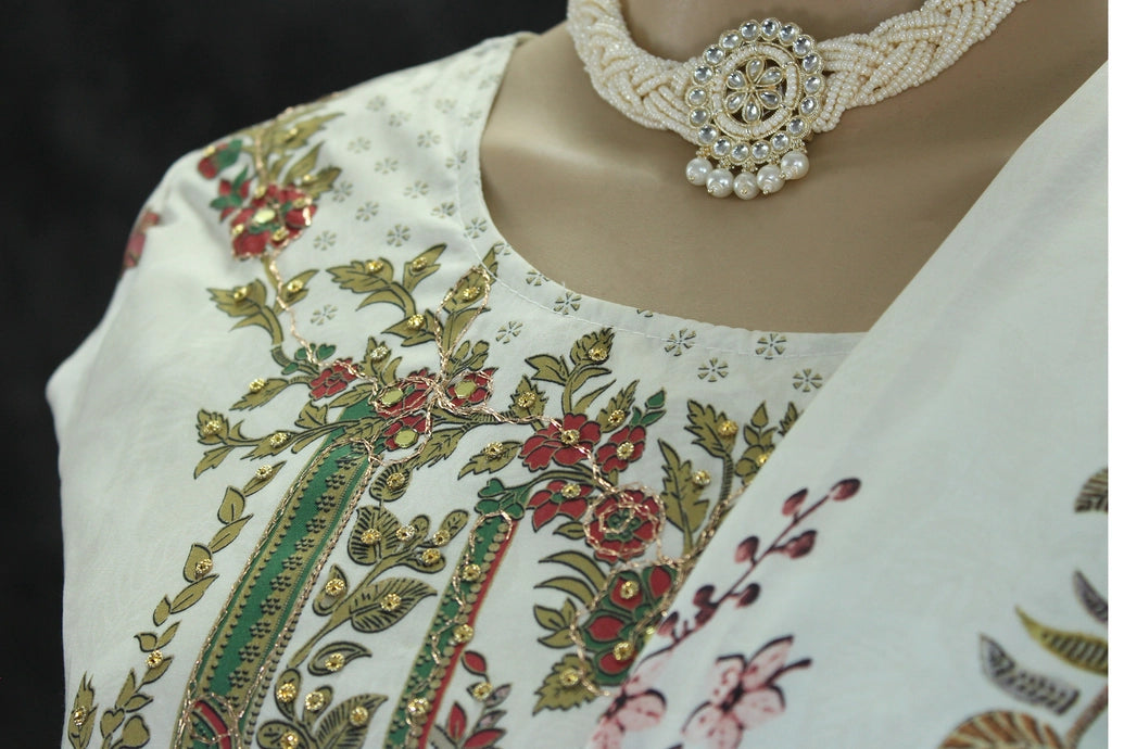 Cream & Green Designer Crepe 3-Piece Salwar Suit with Stone & Mirror Work and Gold-Tone Coin Hangings