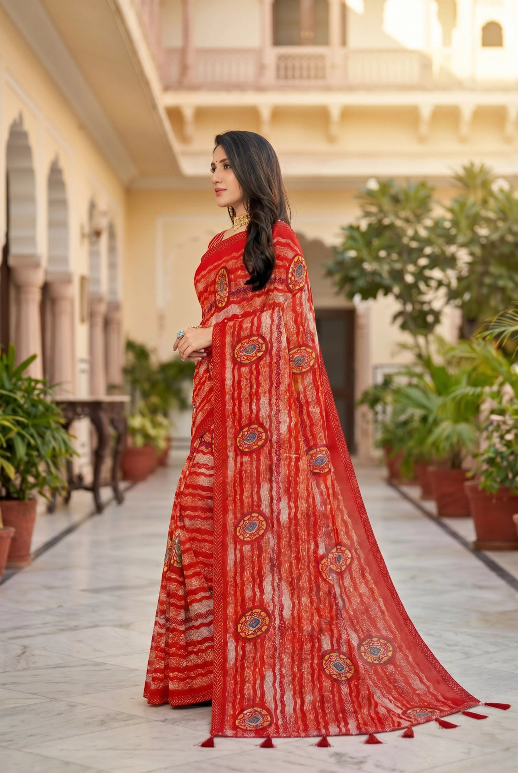Orange Georgette Saree with Striped Motifs and Contrast Border | Full Siroski Work Printed Ethnic Wear