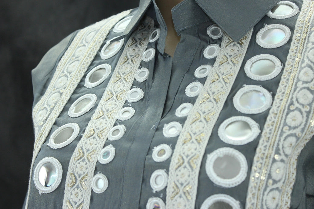 Grey Cotton-Rayon Pakistani Collar Kurti Two-Piece Set with Mirror Work and White Lace Border — Top with Elastic Pants Kurti JCS Fashions