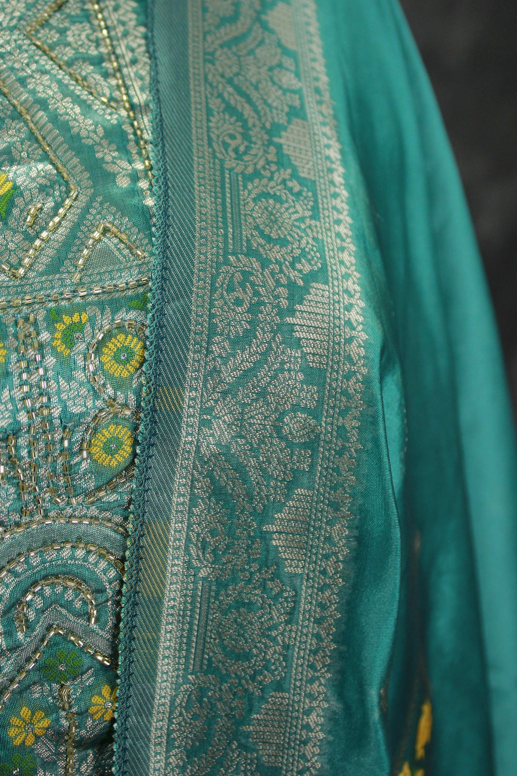 Teal Blue Jacquard Kurti Set with Bead Handwork — 3-Piece Pakistani Style Top, Elastic Pants and Jacquard Dupatta