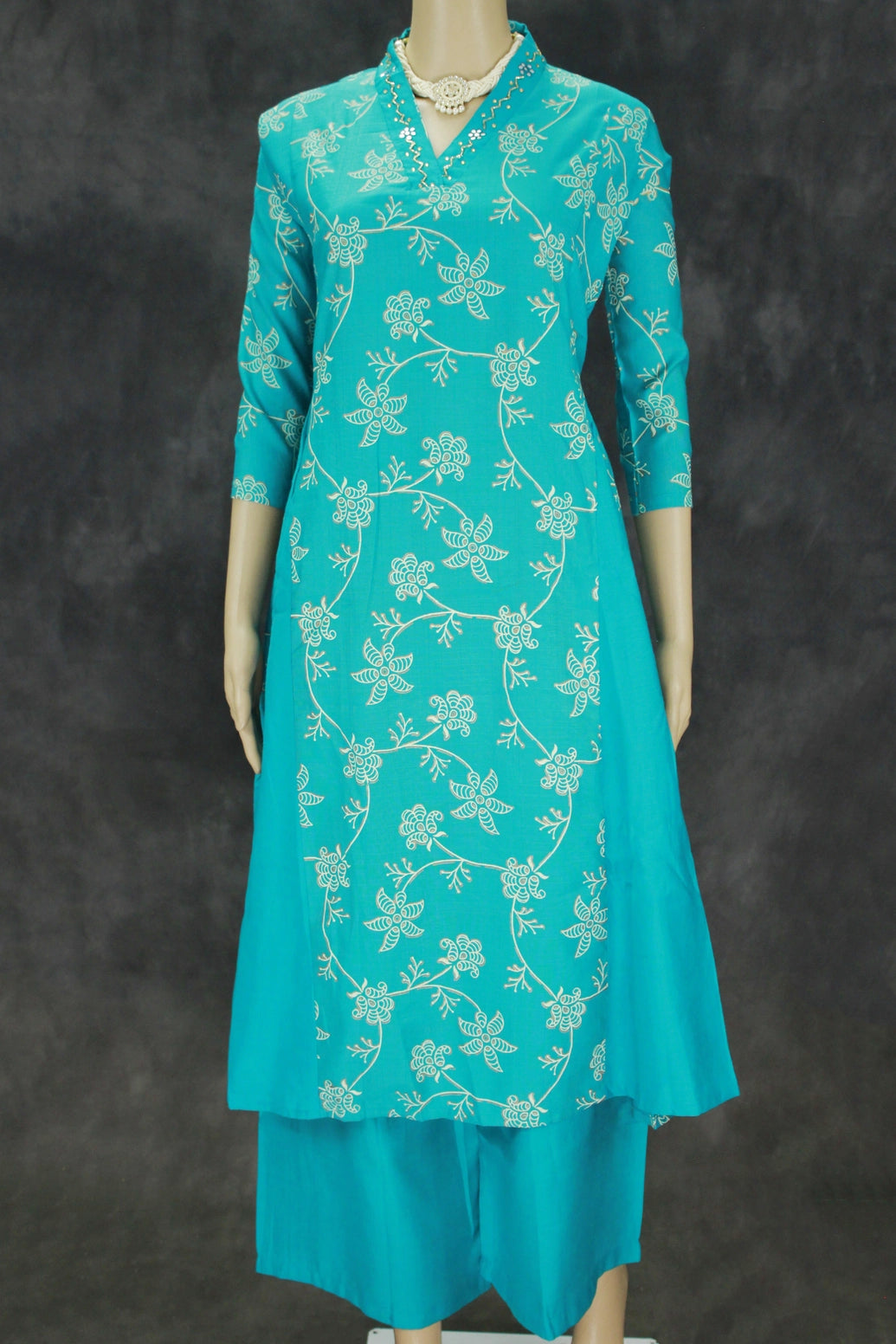 Aqua Blue Cotton 3-Piece Kurti Set with V Neck Aari Mirror Work, Elastic Pant and Chiffon Dupatta