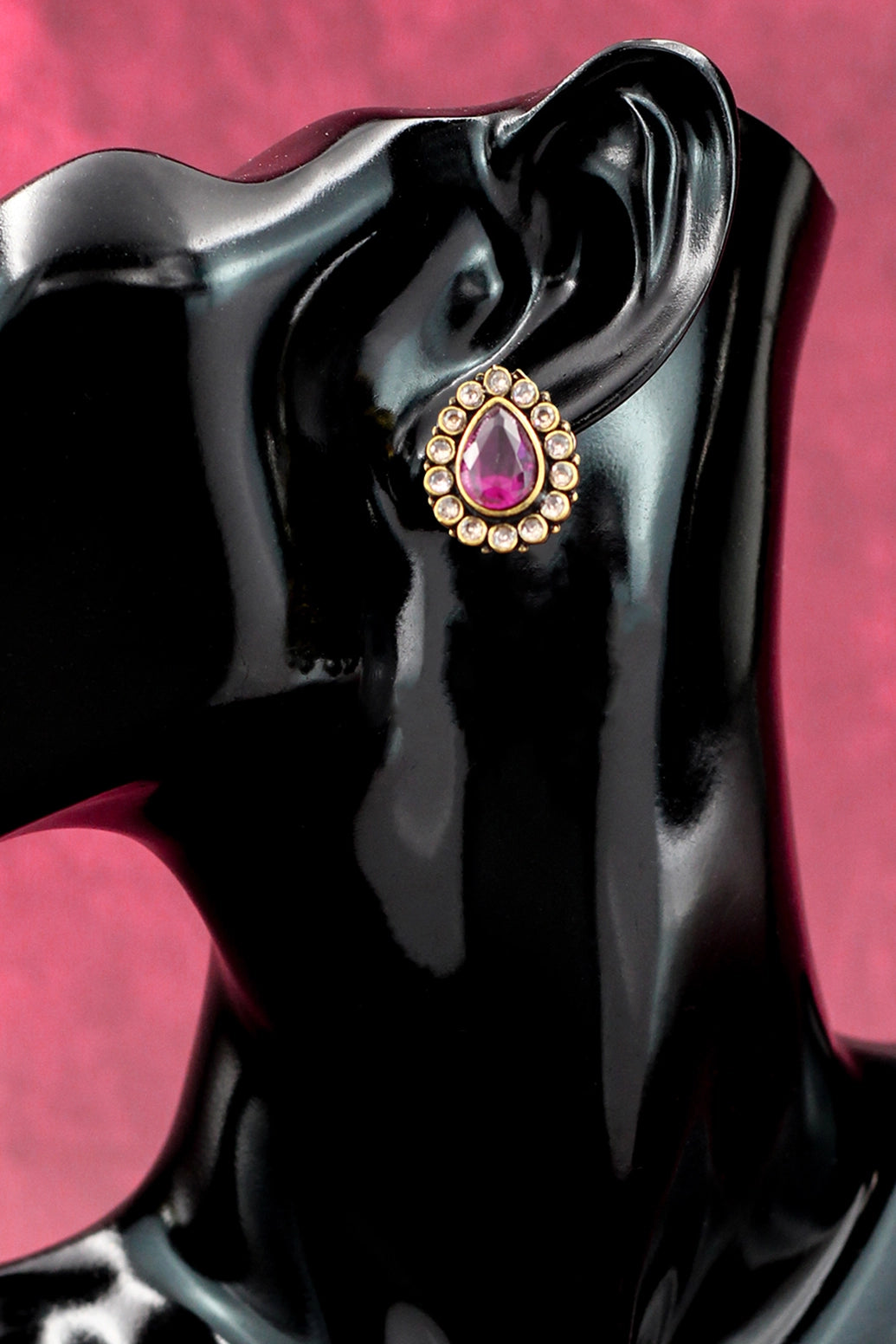 Purple Teardrop Stud Earrings – Kundan-Style Gold-Tone Halo with Faceted Purple Stone, 1 inch Fashion Jewellery Jewelry JCS Fashions