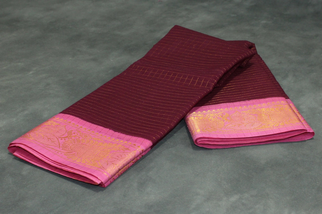 Purple Sungudi Cotton Checked Saree with Pink Peacock Gold Zari Double Border - Unstitched Blouse Included Saree JCS Fashions