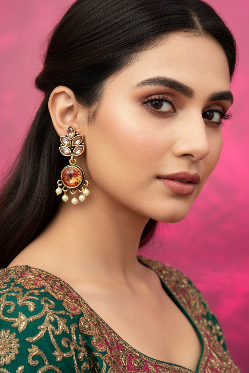 Gold-Tone Leaf Drop Earrings with Pearls, Clear Crystals and Amber Centre