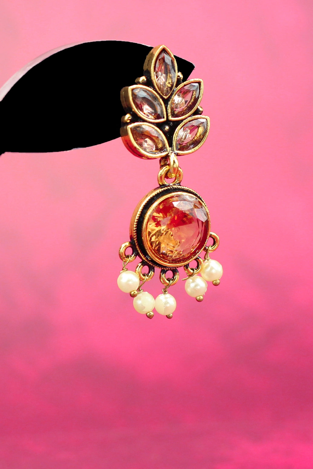 Gold-Tone Leaf Drop Earrings with Pearls, Clear Crystals and Amber Centre Jewelry JCS Fashions