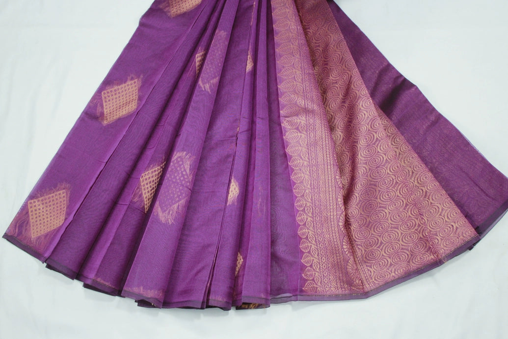 Violet Silk Cotton Saree with Zari Border and Matching Blouse