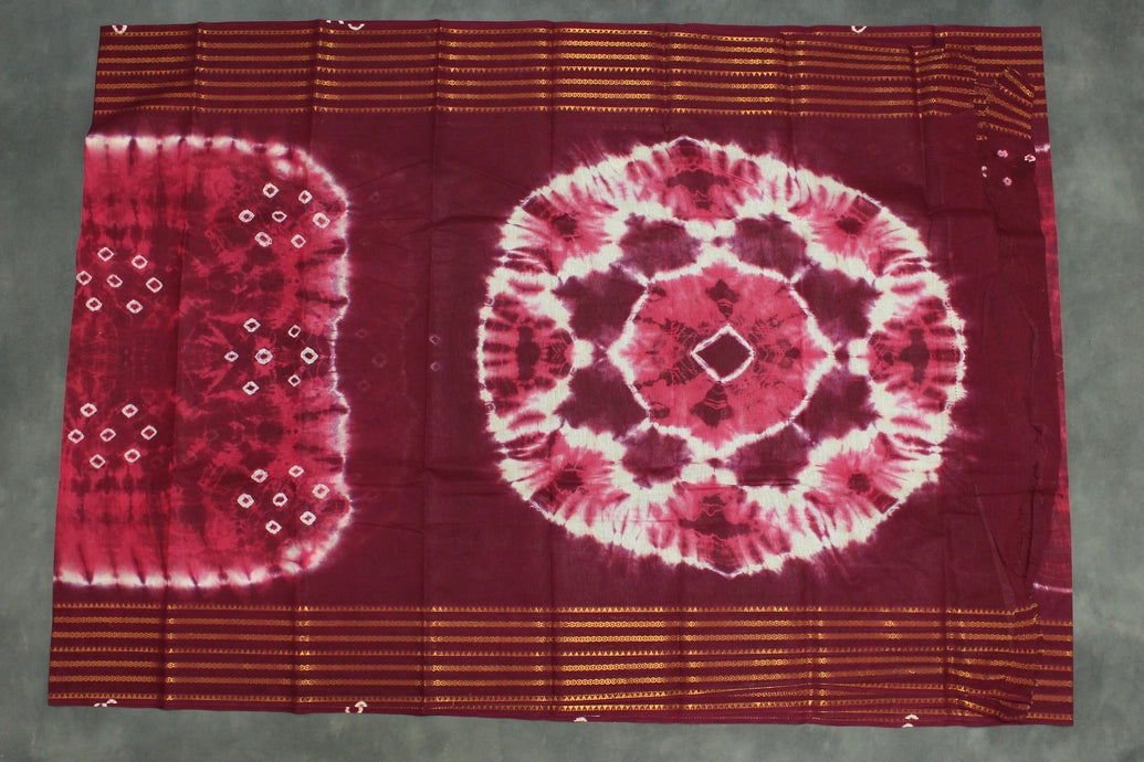 Pure Sungudi Cotton Bandhani Saree - Purple with Golden Zari Border, Unstitched Blouse Included