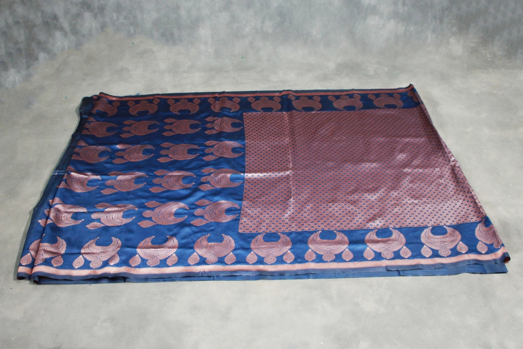 Navy Blue Coconut Silk Saree with Jhumka Weave Pallu and Border, Blouse Included