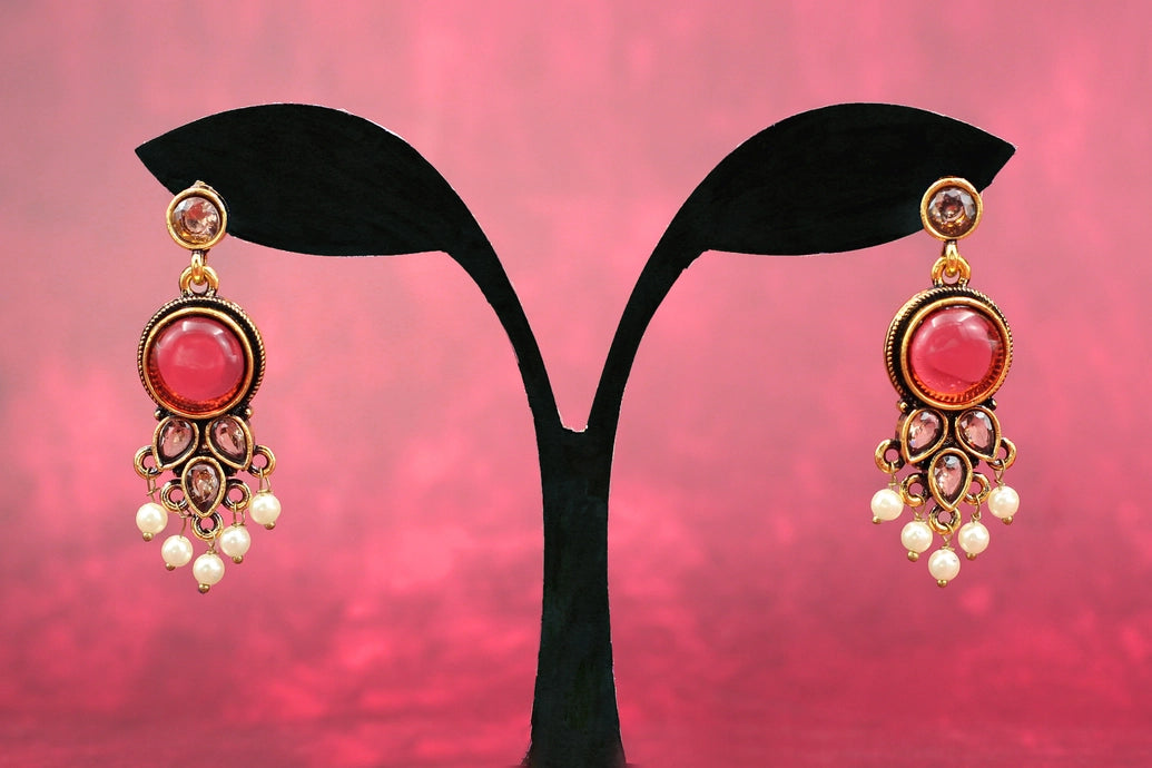 Maroon Gold-Tone Pearl Drop Chandbali Style Earrings - Traditional Indian Fashion Jewellery Jewelry JCS Fashions
