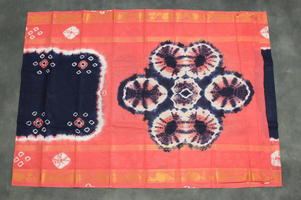 Pure Sungudi Cotton Bandhani Saree with Golden Zari Instrument Motif Border — Navy Blue & Coral, Unstitched Blouse Included