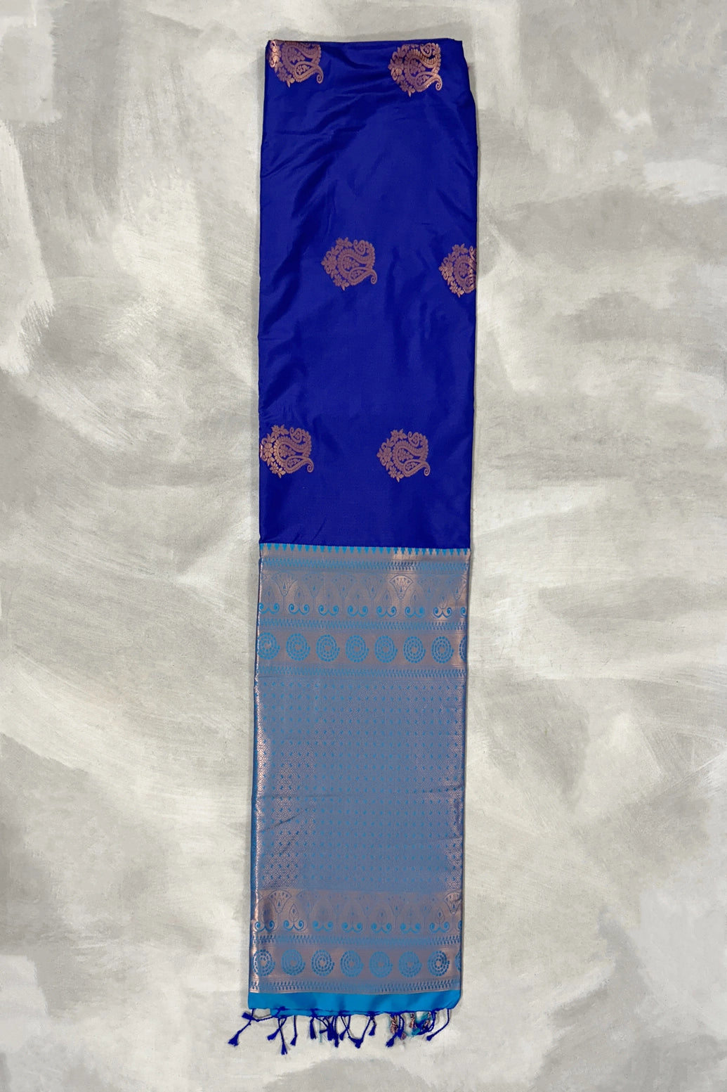 Royal Blue Korvai Soft Silk Border Saree with Delicate Gold Zari Buttas and Traditional Floral Border with Blouse