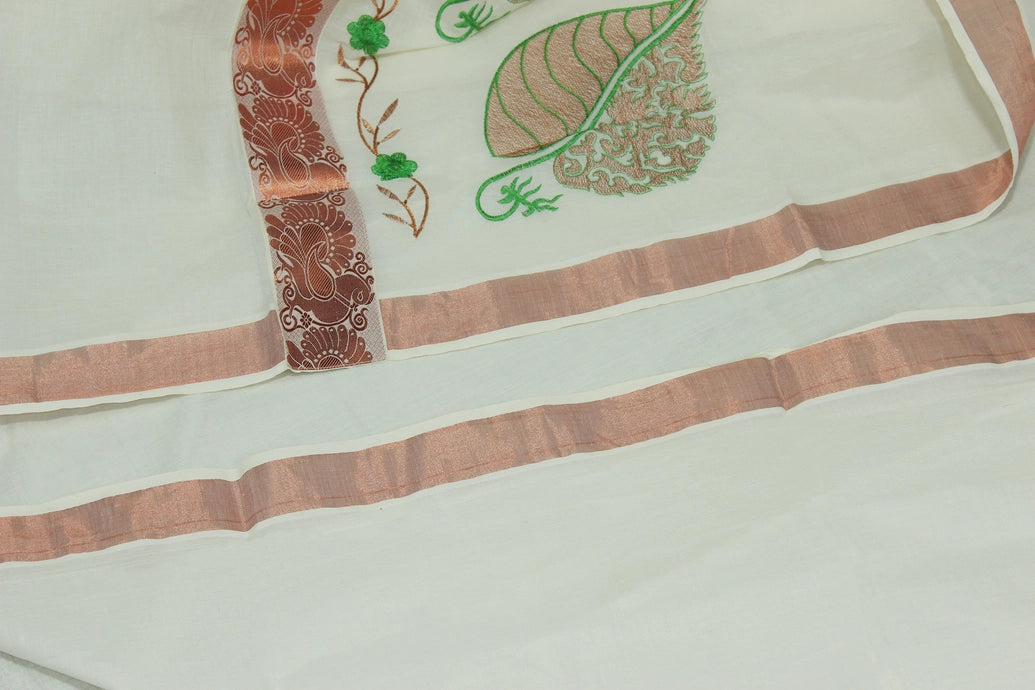 Pure Kerala Cotton White Saree with Copper Zari Peacock & Floral Embroidery
