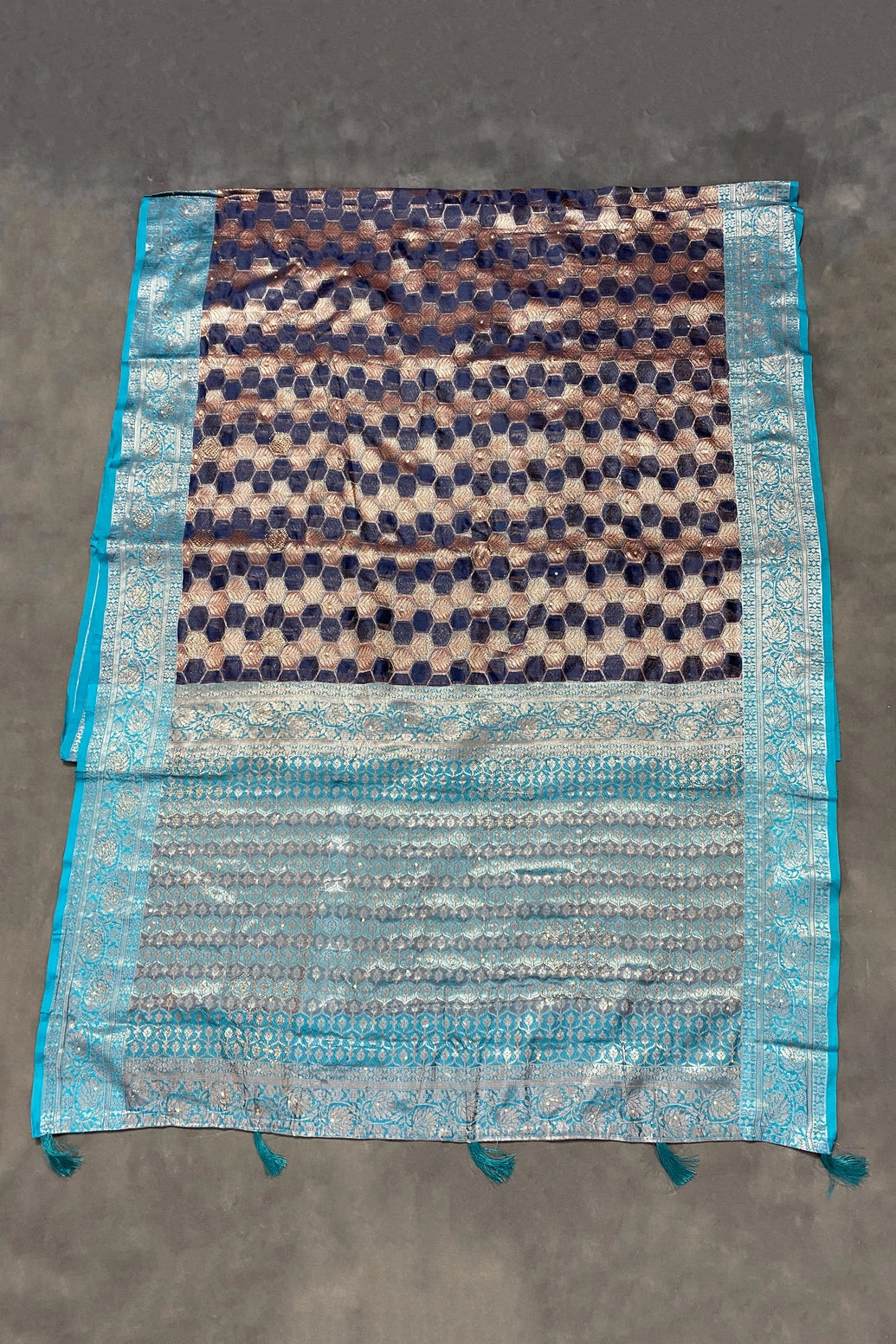Madhumita Fancy Designer Cotton Organza Saree with Stone Work & Floral Pallu, Navy Blue