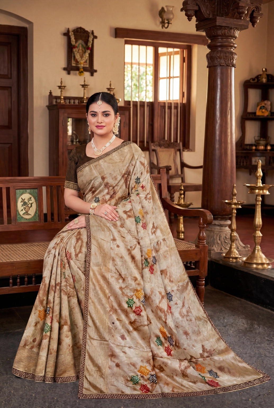 Brown Chiffon Fancy Tie-Dye Saree with Star Motifs and Shimmer Striped Border with Blouse