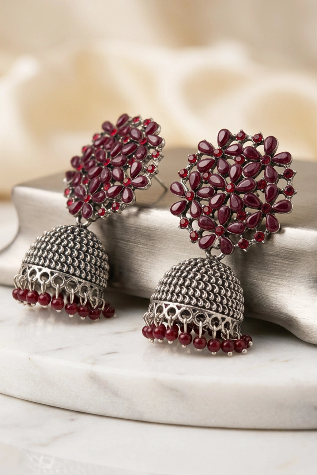 Traditional Oxidized Silver Jhumka Earrings with Floral Stud and Bead Drops - Fashion Jewellery