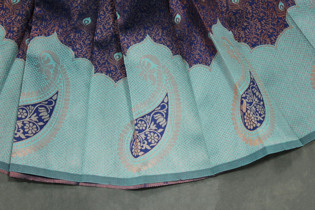 Blue Kubera Pattu Saree with Contrast Design Border and Blouse Piece for Semi Silk Look