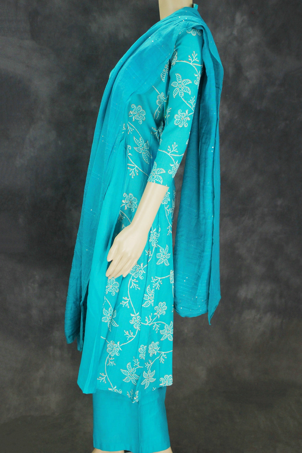 Aqua Blue Cotton 3-Piece Kurti Set with V Neck Aari Mirror Work, Elastic Pant and Chiffon Dupatta