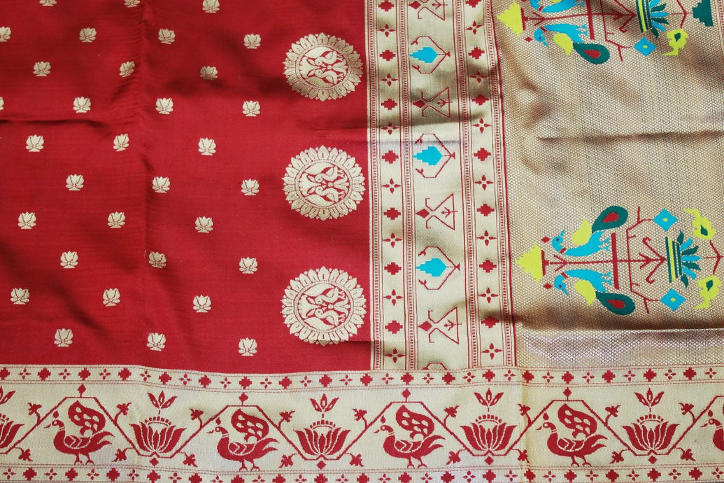 Maroon Paithani Pure Silk Saree with Zari Woven Peacock Pallu and Design Border