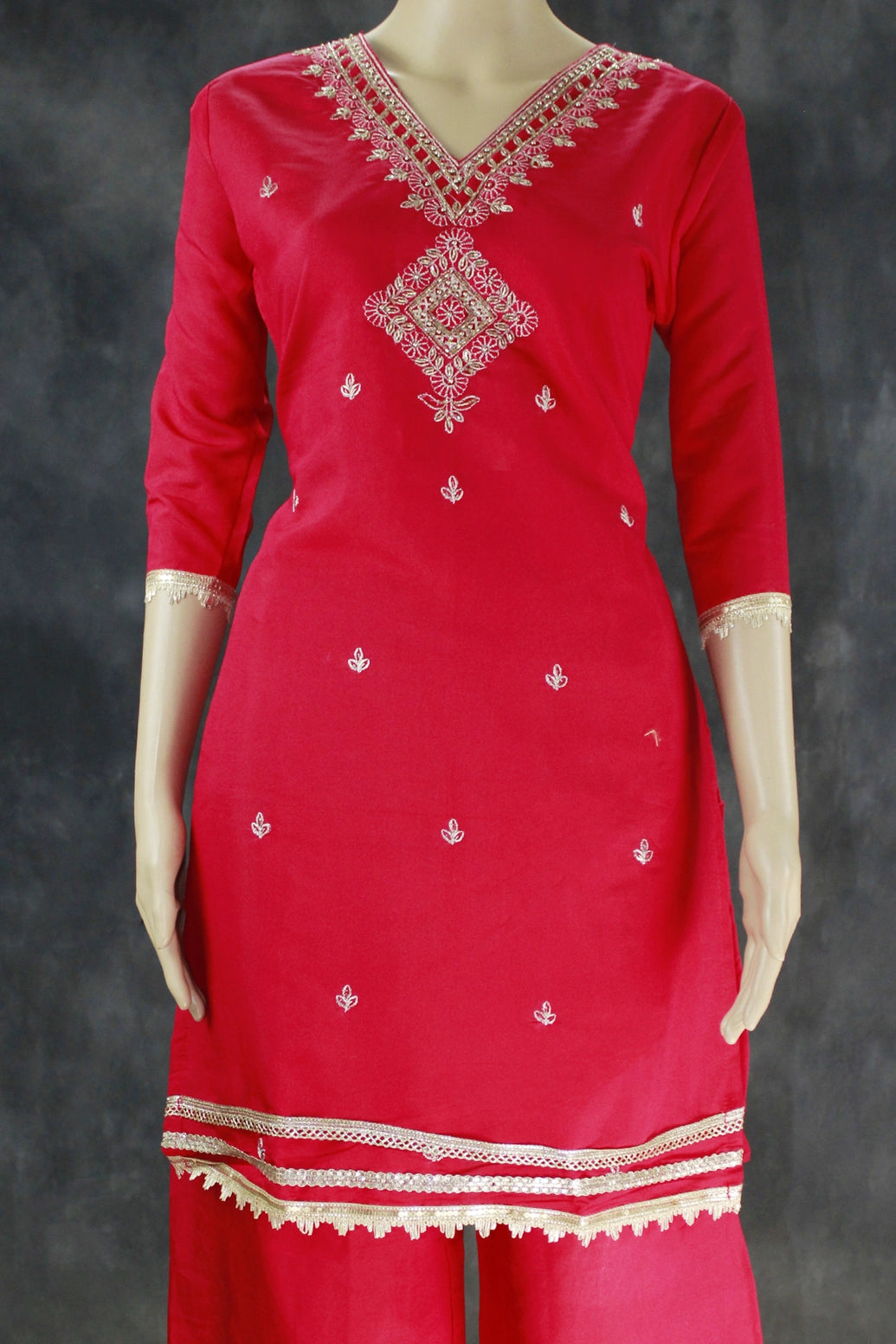 Roman Silk Rani Pink Three-Piece Kurti Set with Banarasi Dupatta