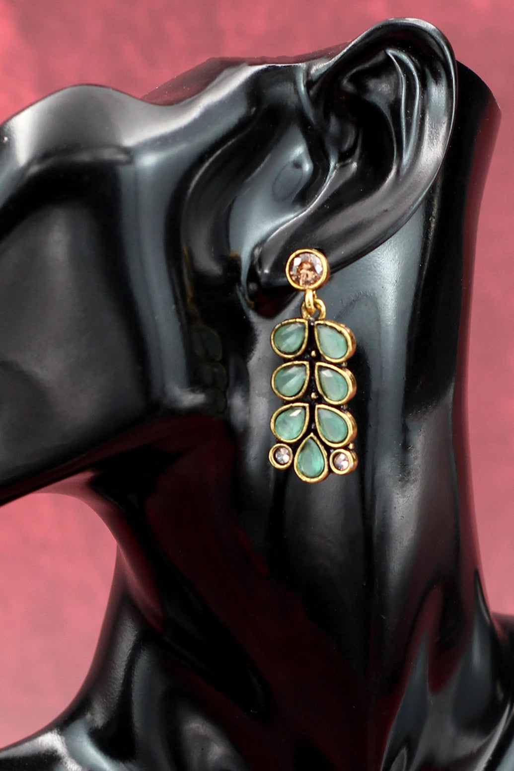 Mint Green Teardrop Leaf Gold-Tone Dangle Earrings — Traditional Ethnic Fashion Jewellery Jewelry JCS Fashions