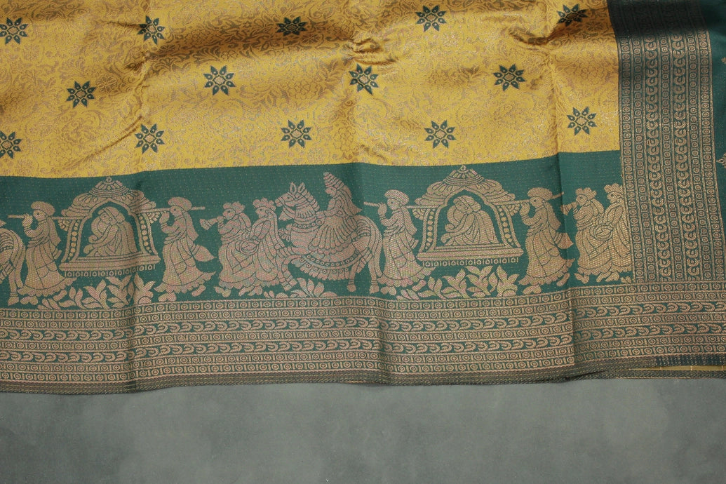 Mustard Kubera Silk Semi Silk Saree with Pallakku Design Border and Blouse, Traditional Woven Saree for Women