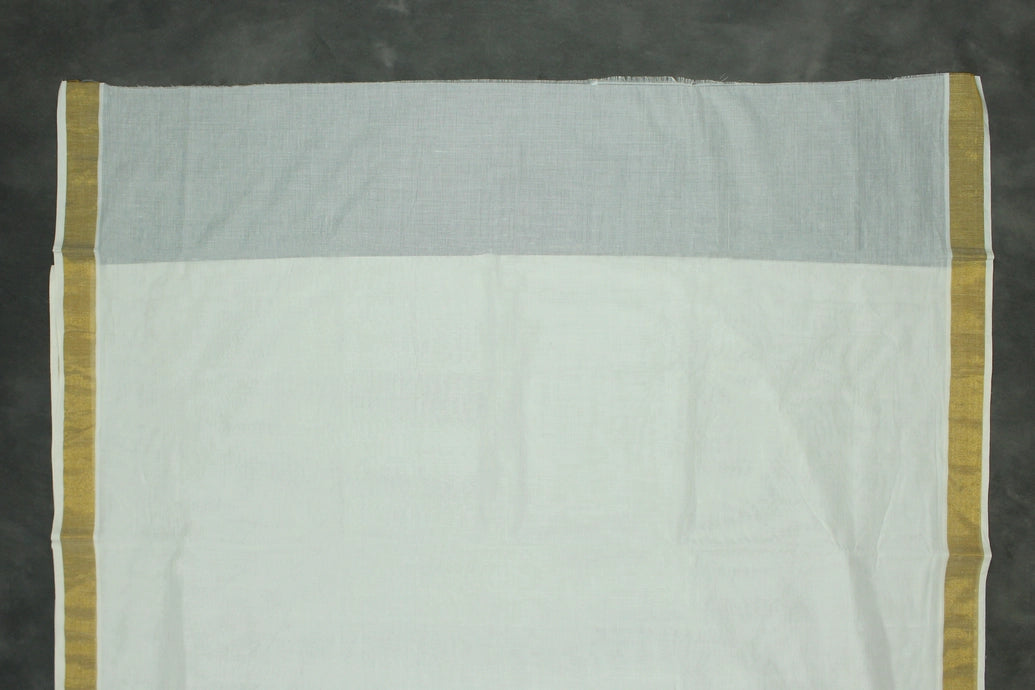 White Kerala Cotton Saree with Gold Zari Border and Peacock Embroidery | Blouse Piece