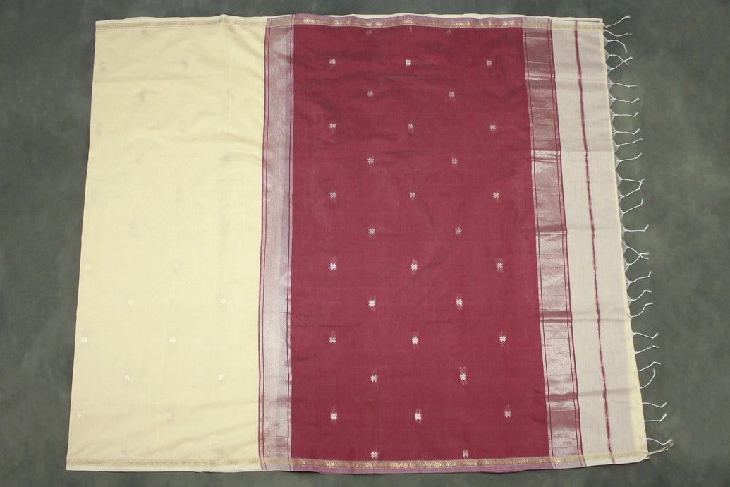 Eswari Textiles Maheswari Silk Cotton Saree with Butta & Zari Border, Cream Body, Blouse Piece Included