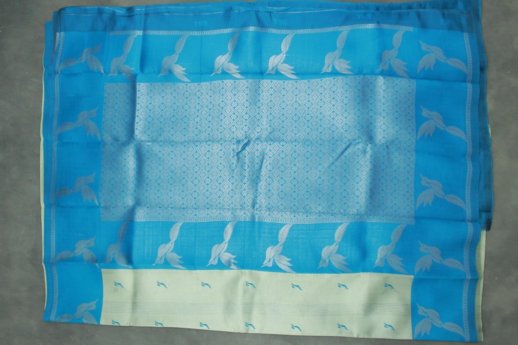Pastel Blue Kubera Silk Saree with Kingfisher Pallu, Zari Border and Matching Blouse