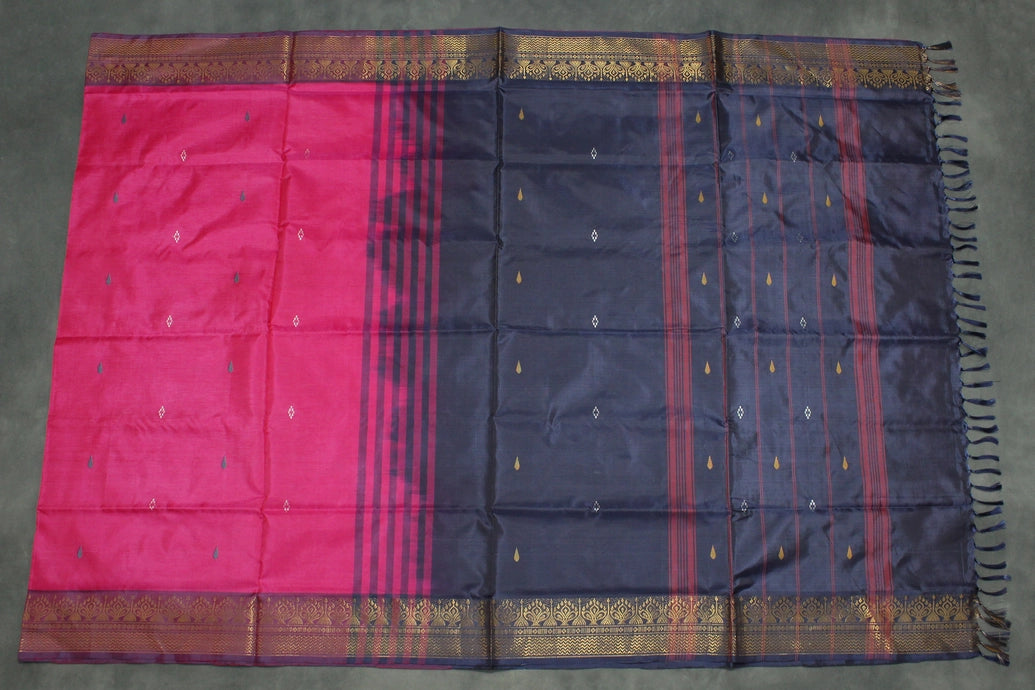 Navy Blue Vaazhai Naar (Banana Pith) Saree with Traditional Zari Border and Blouse